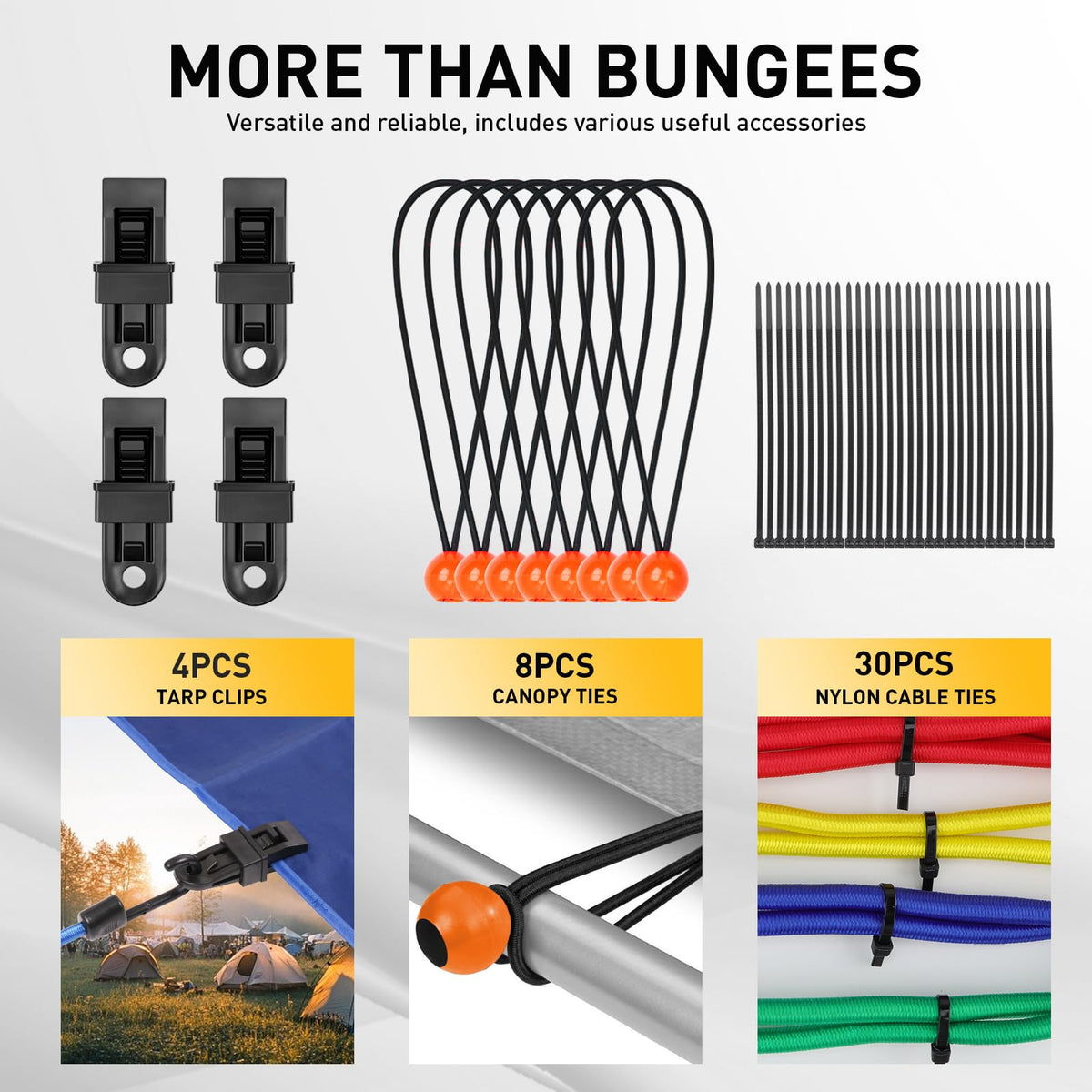 Bungee Cords Heavy Duty Outdoor: 20 Pcs Premium Rubber Bungee Cords with Hooks in a Storage Jar Includes 10", 18", 24", 30", 36", 48" Bungee Cord for Camping, Tent, Fastening Items