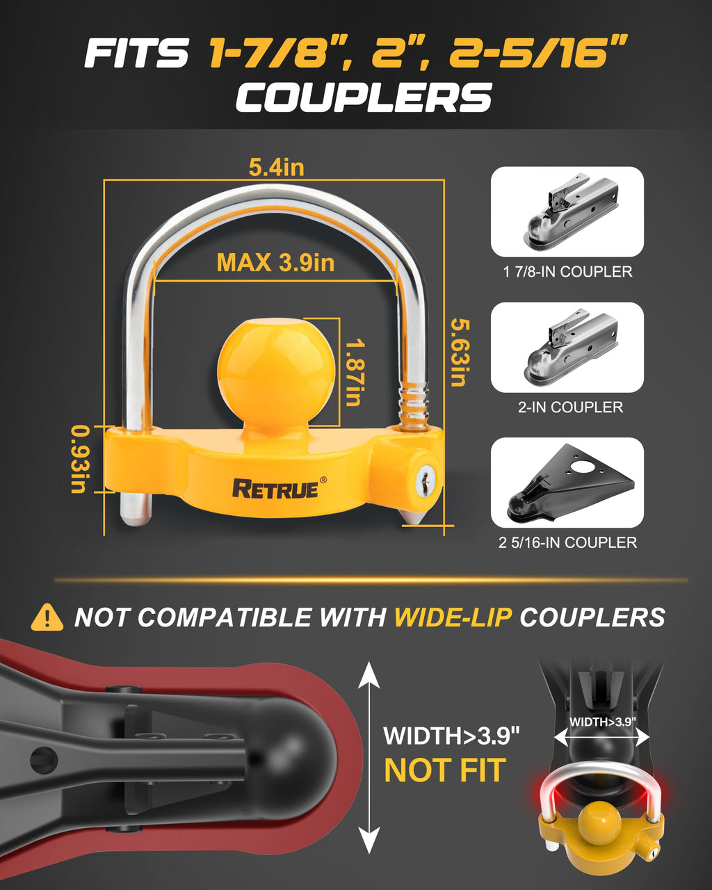 RETRUE Universal Trailer Coupler Lock, Adjustable Hitch Lock, Bright Yellow