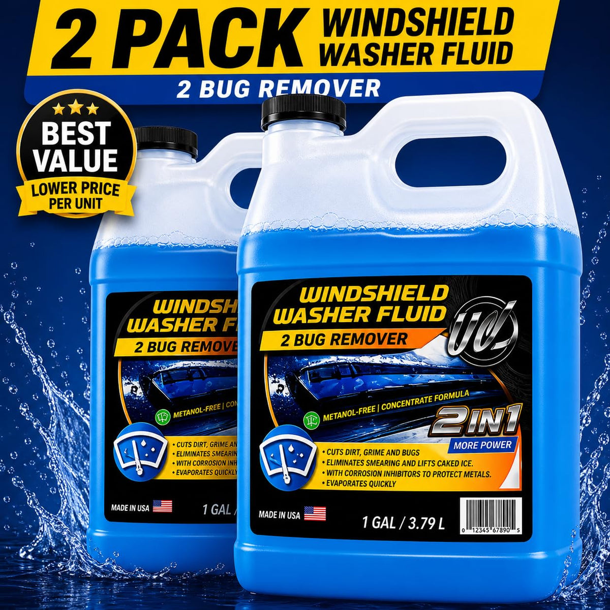 UCS Windshield Washer Fluid 2-in-1 Bug Remover, 1 Gallon (128 fl oz) | Ready-to-Use Formula Removes Bugs, Dirt & Road Grime for Clear, Streak-Free Glass – Methanol-Free