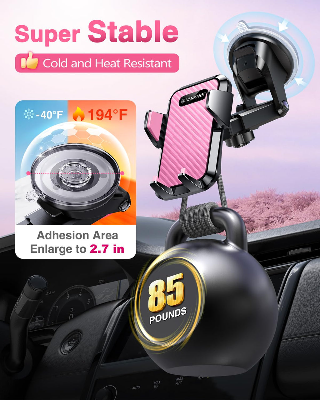 VANMASS【85+LBS Strongest Suction & Military-Grade Ultimate Car Phone Mount【Patent Safety Certs】 Cell Phone Holder for Dash Windshield Vent for iPhone 18 17 Pro Max Automobile Interior Sets, Ink Black