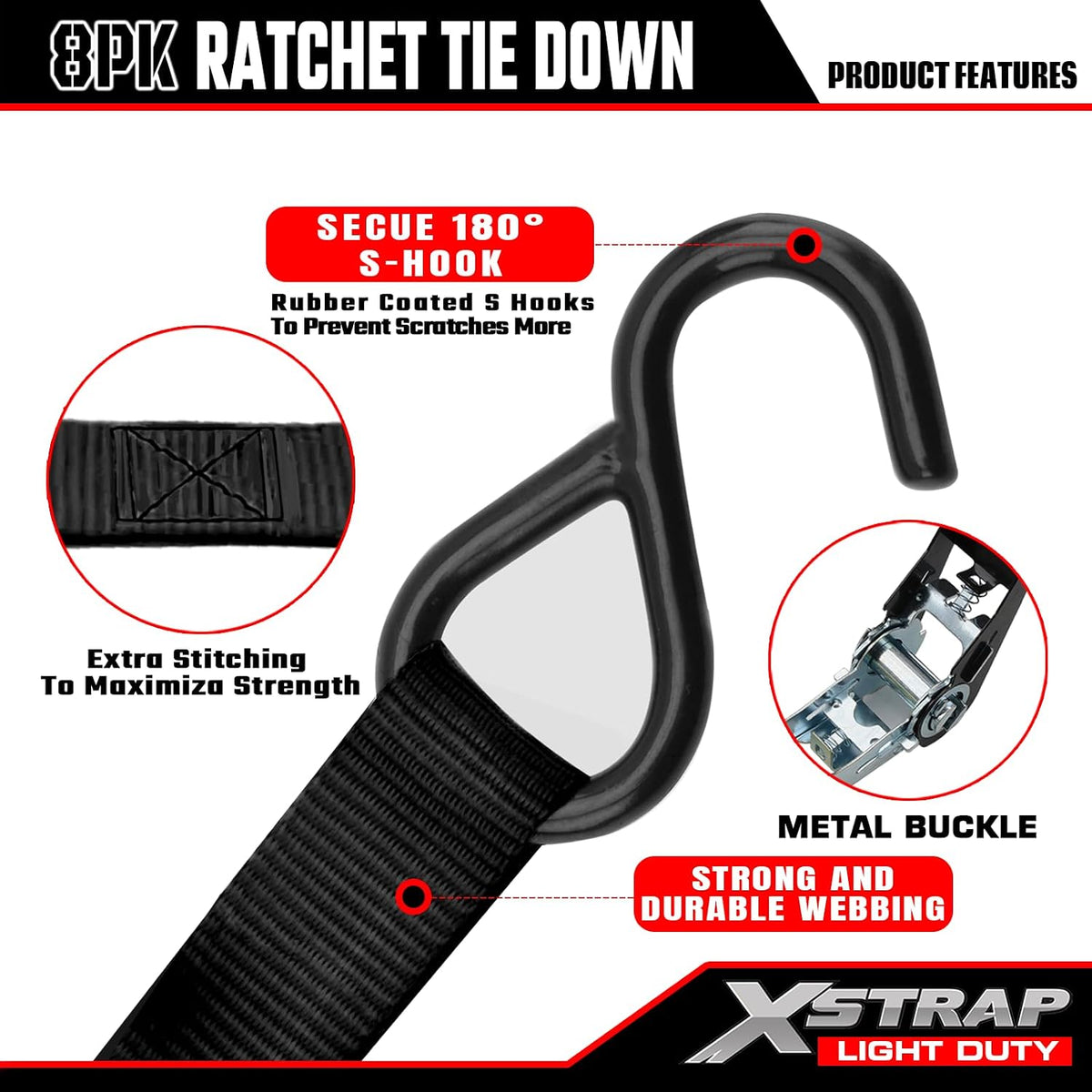 XSTRAP STANDARD 8-PK Ratchet Tie Down Straps, 1" x 10FT Cargo Straps, Black