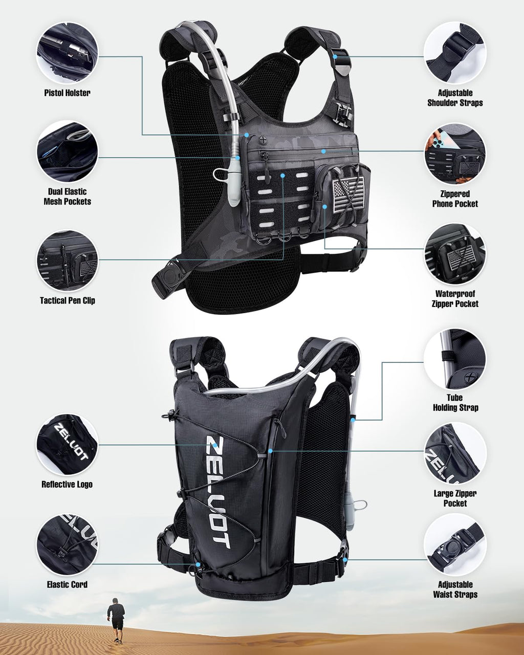 Zelvot Running Vest with 2L Water Bladder, Hydration Backpack, U.S. Design Patent, Lightweight Hydration Pack with Gear Holder, Reflective Chest Pack for Men Women
