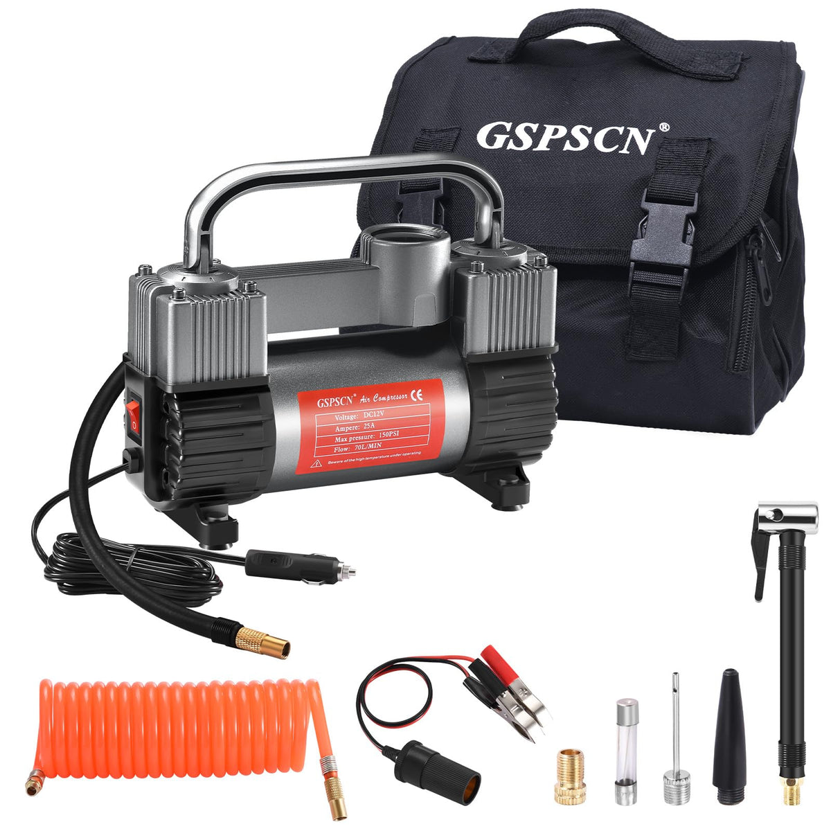 GSPSCN 12V Heavy Duty Tire Inflator Metal Portable Air Compressor Pump