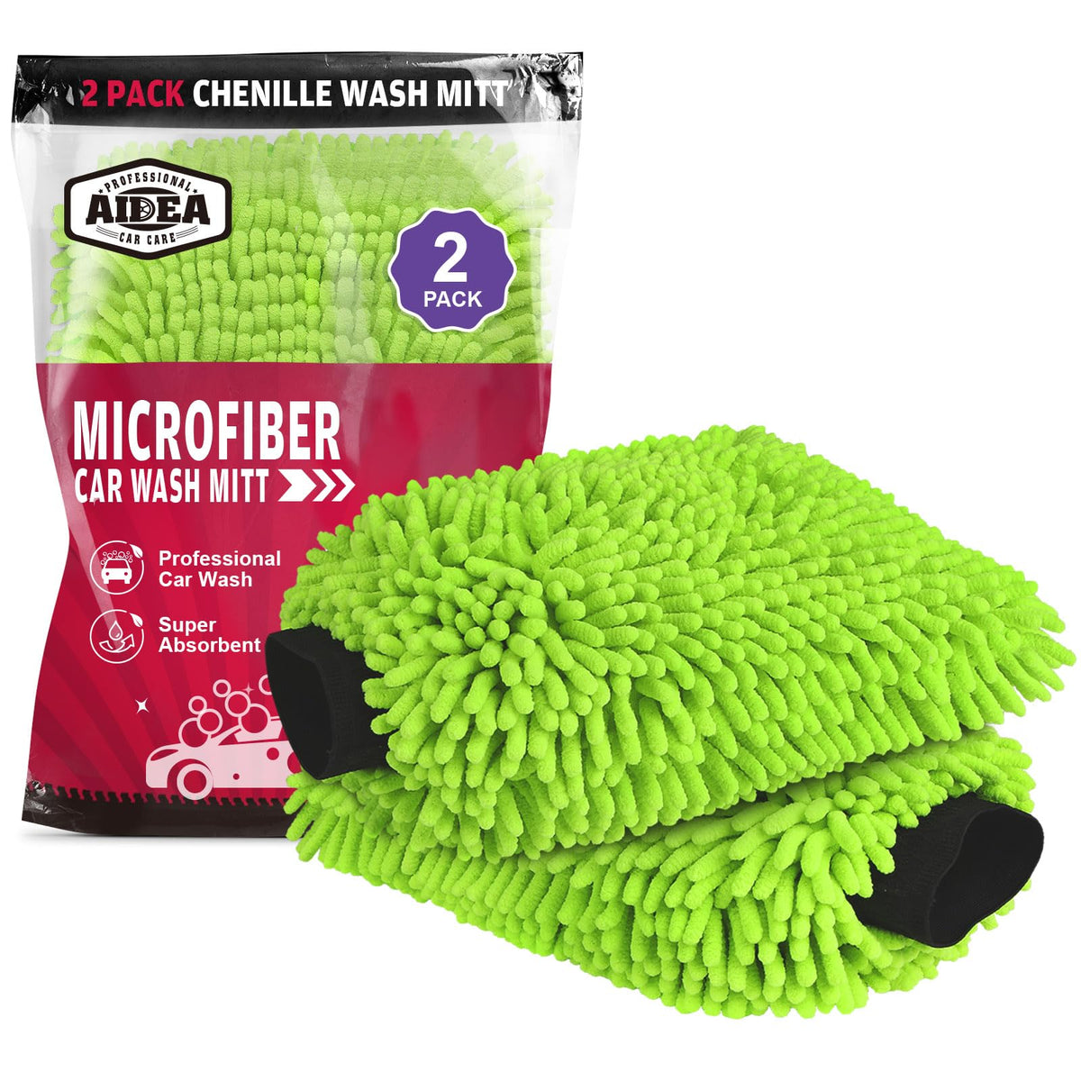 AIDEA Car Wash Mitt Microfiber-2PK, Car Wash Brush, Green, 7.12''X10.14''