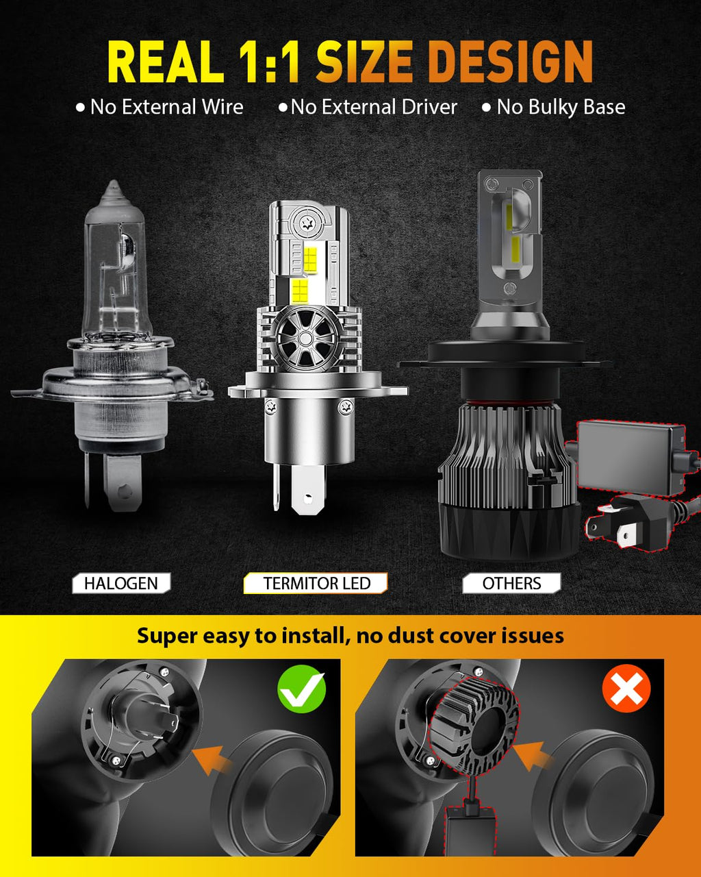 Termitor 9007/HB5 Light Bulbs, 90000LM 1500% Brightness, 70K+ Hours Lifespan, 6500K Cool White, 98%+ Vehicle Compatibility, Canbus Ready System, No Adapter Required, Plug N Play, Pack of 2