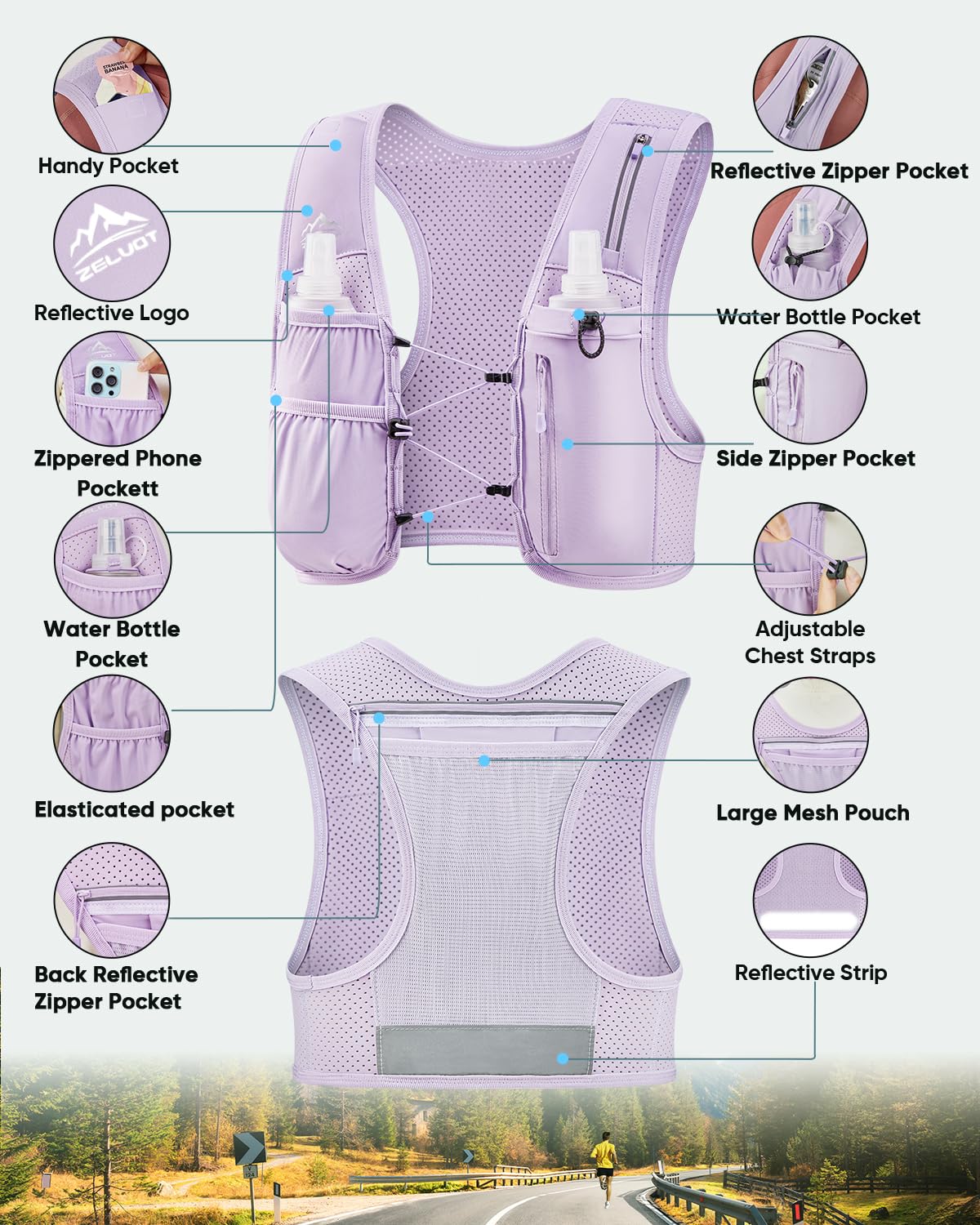 Zelvot Running Vest for Women Men, US Patent, Adjustable Chest Straps Running Hydration Vest with 500ml Soft Flask, Lightweight Reflective Hydration Backpack for Marathon
