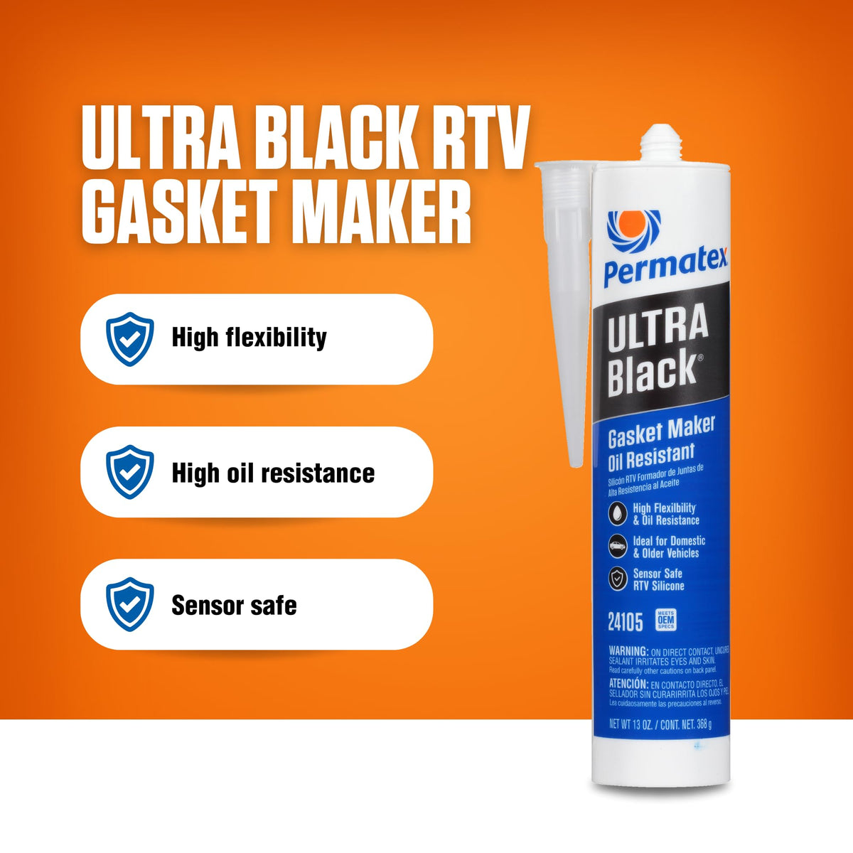Permatex 82180 Ultra Black Maximum Oil Resistance RTV Silicone Gasket Maker, Sensor Safe and Non-Corrosive, for High Flex and Oil Resistant Applications 3 oz