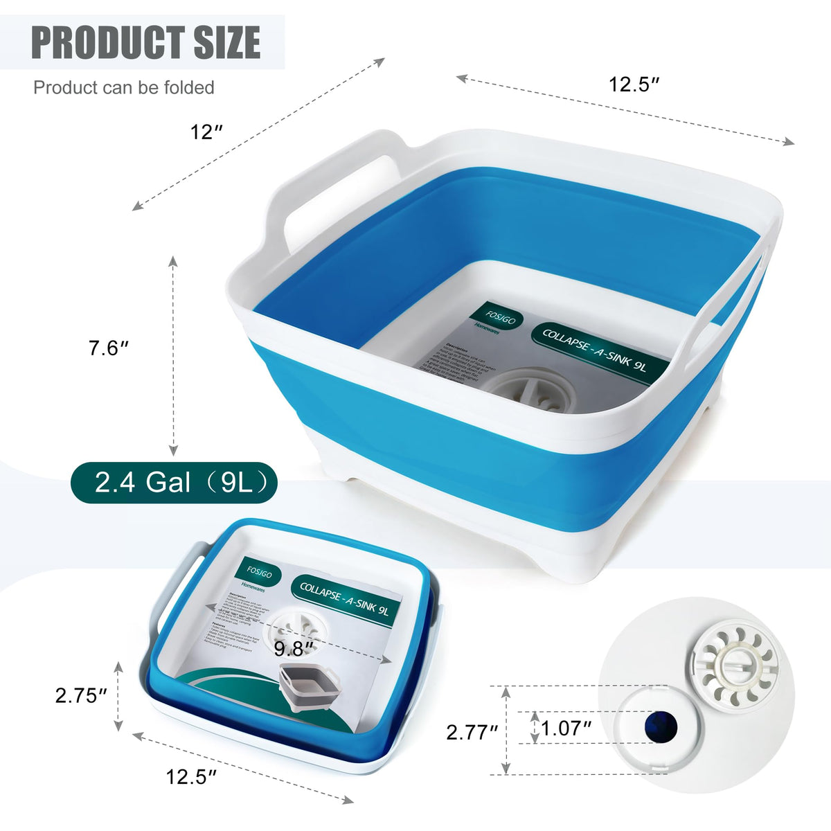 FOSJGO Collapsible Dish Basin with Drain Plug, Foldable Sink, 2.4 Gal (9L)