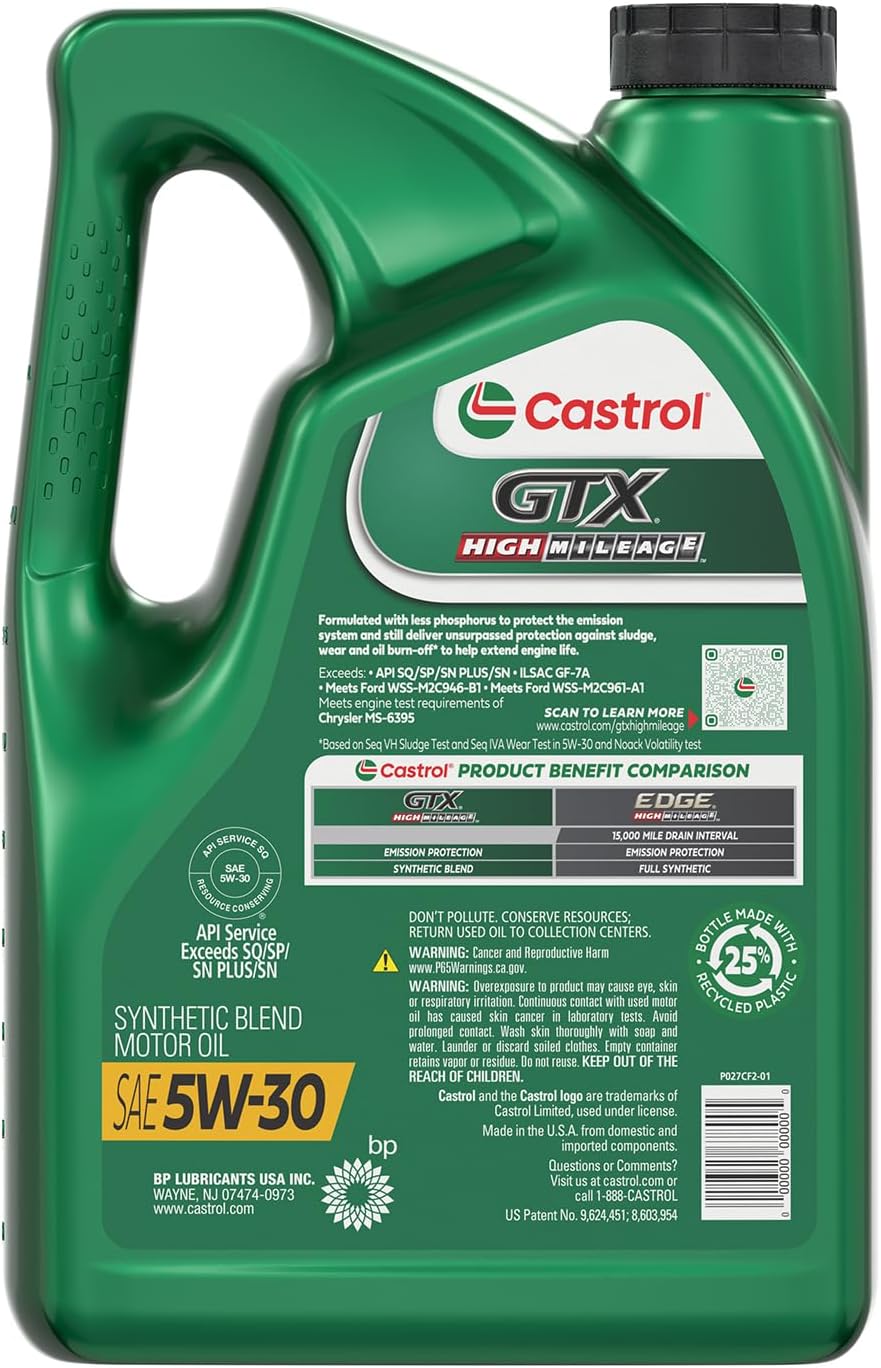 Castrol GTX High Mileage 5W-30 Synthetic Blend Motor Oil, 5 Quarts