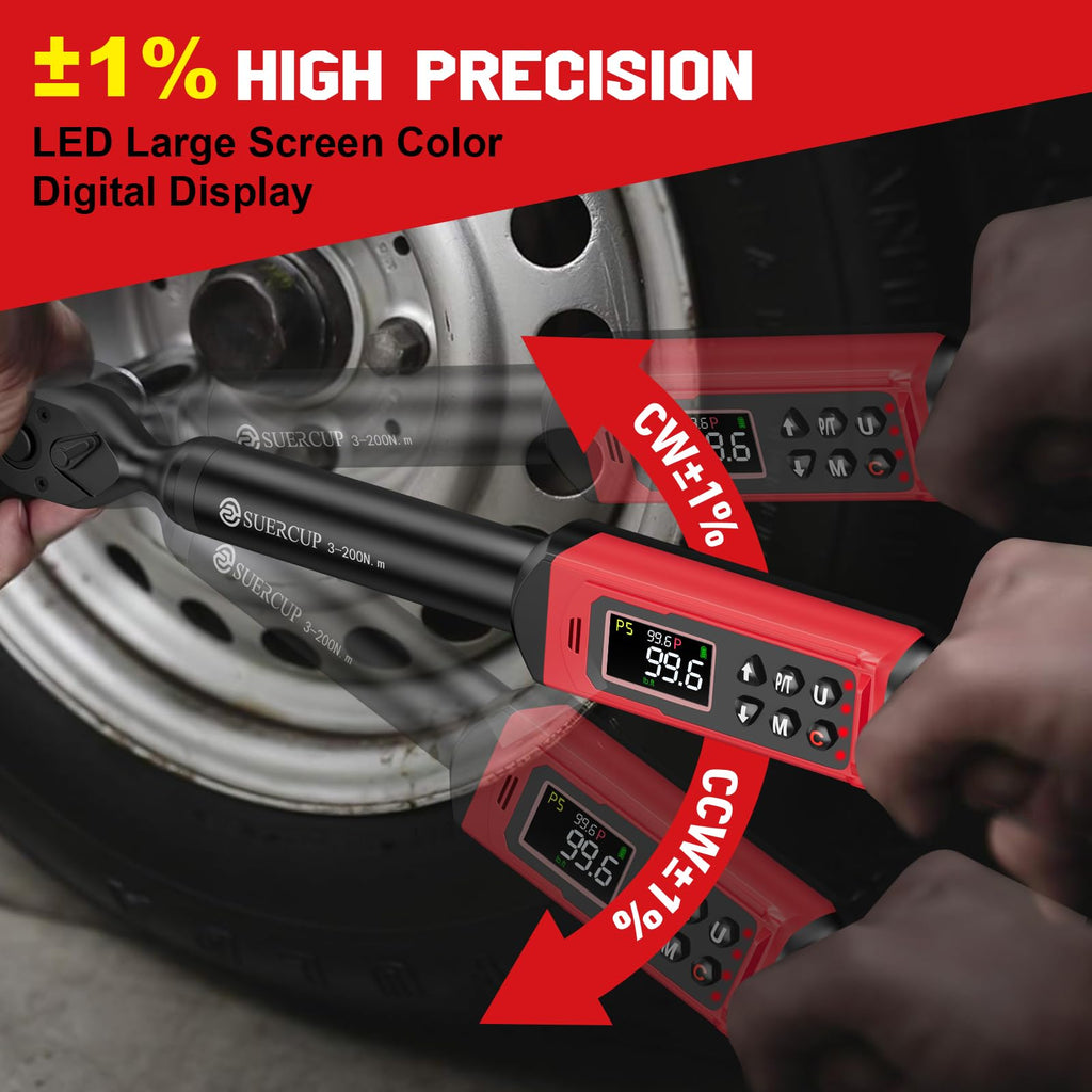 SUERCUP 1/2" Digital Torque Wrench, 2.2-147.5Ft.Lb/3-200N.m, ±1% Accuracy