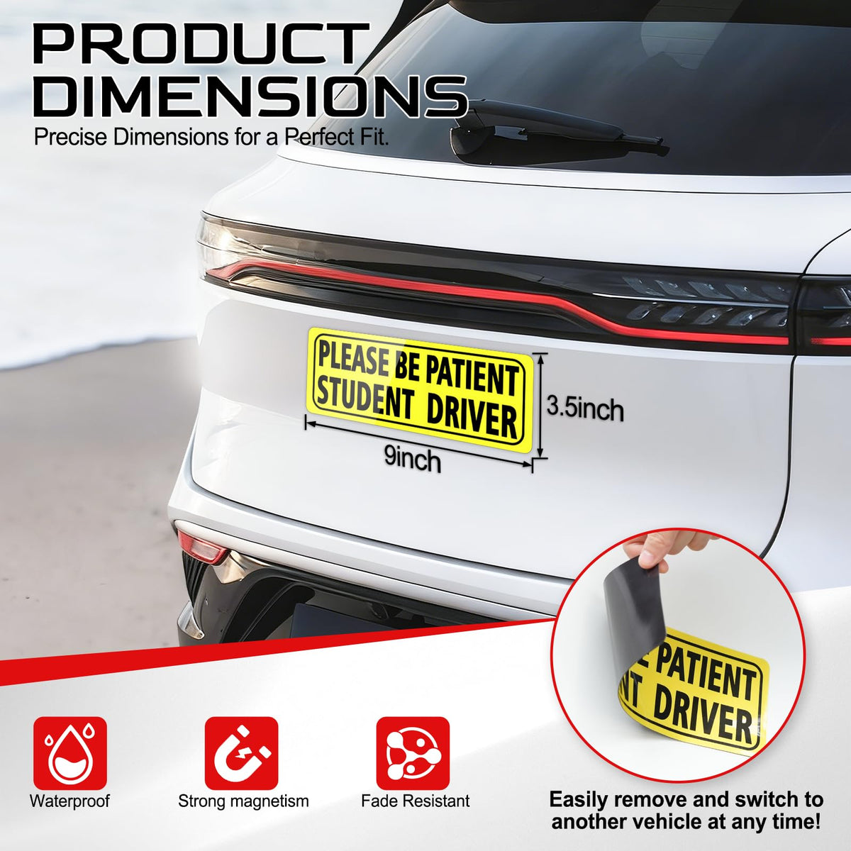 JUSTTOP 3pcs Student Driver Magnet for Car, Please Be Patient Student Driver, New Drivers Sticker Safety Warning, Magnetic Reflective Rookie Driver Bumper Sticker (Black&Red)