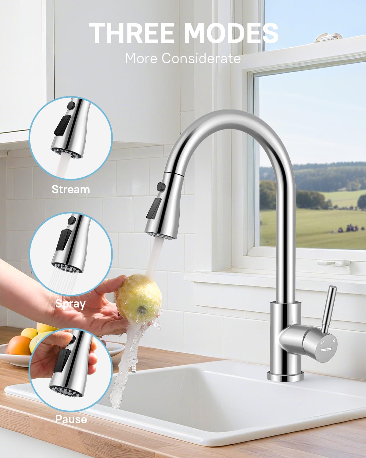 WEWE High-Arc Pull-Down Kitchen Faucet, Brushed Nickel, 3-Mode Sprayer