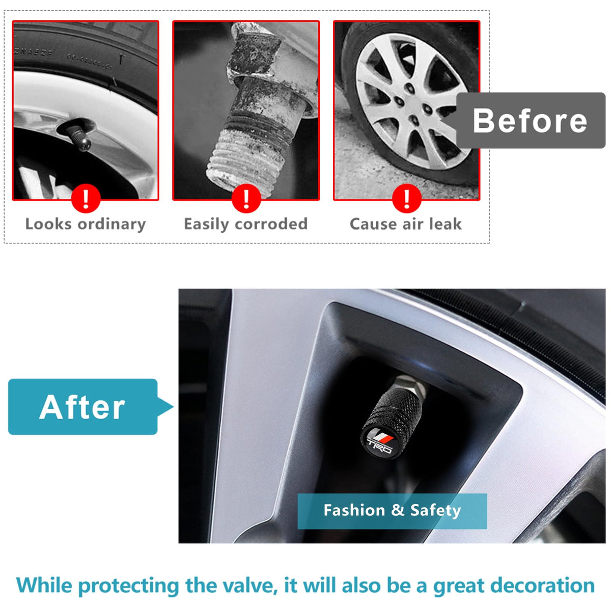 4pcs Tire Valve Stem Caps, Compatible with Toyota Avalon Prius Allion RAV4 Highlander Series Stem Cap Universal Car Air Cover Car Accessories for Cars, SUV, Truck, Motorcycles Black