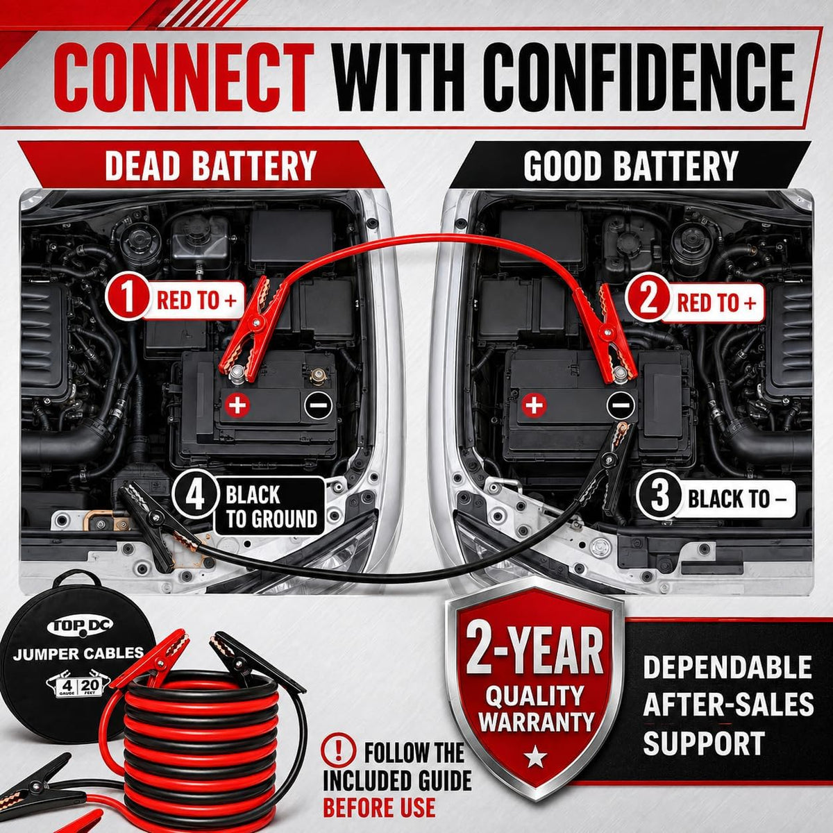 TOPDC 4 Gauge 20 Feet Heavy Duty Jumper Cables for Car and SUV