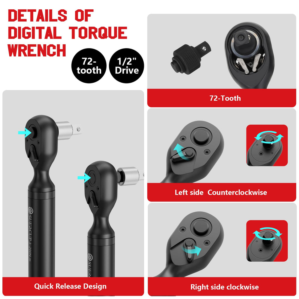 SUERCUP 1/2" Digital Torque Wrench, 2.2-147.5Ft.Lb/3-200N.m, ±1% Accuracy