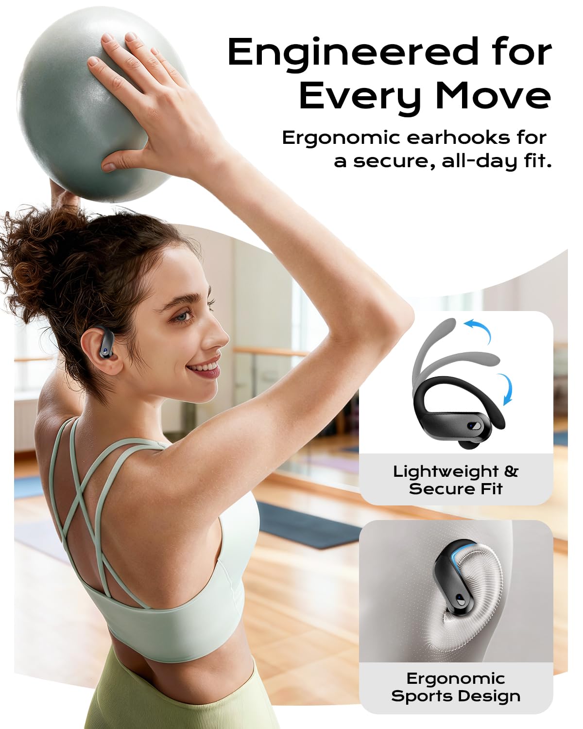 Sports Wireless Earbuds with EarHooks Bluetooth Headphones with ENC Mic