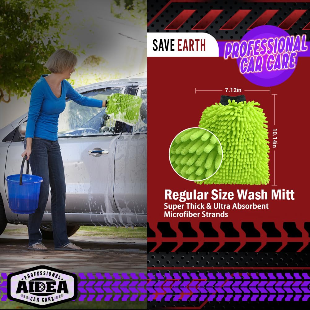 AIDEA Car Wash Mitt Microfiber-2PK, Car Wash Brush, Green, 7.12''X10.14''