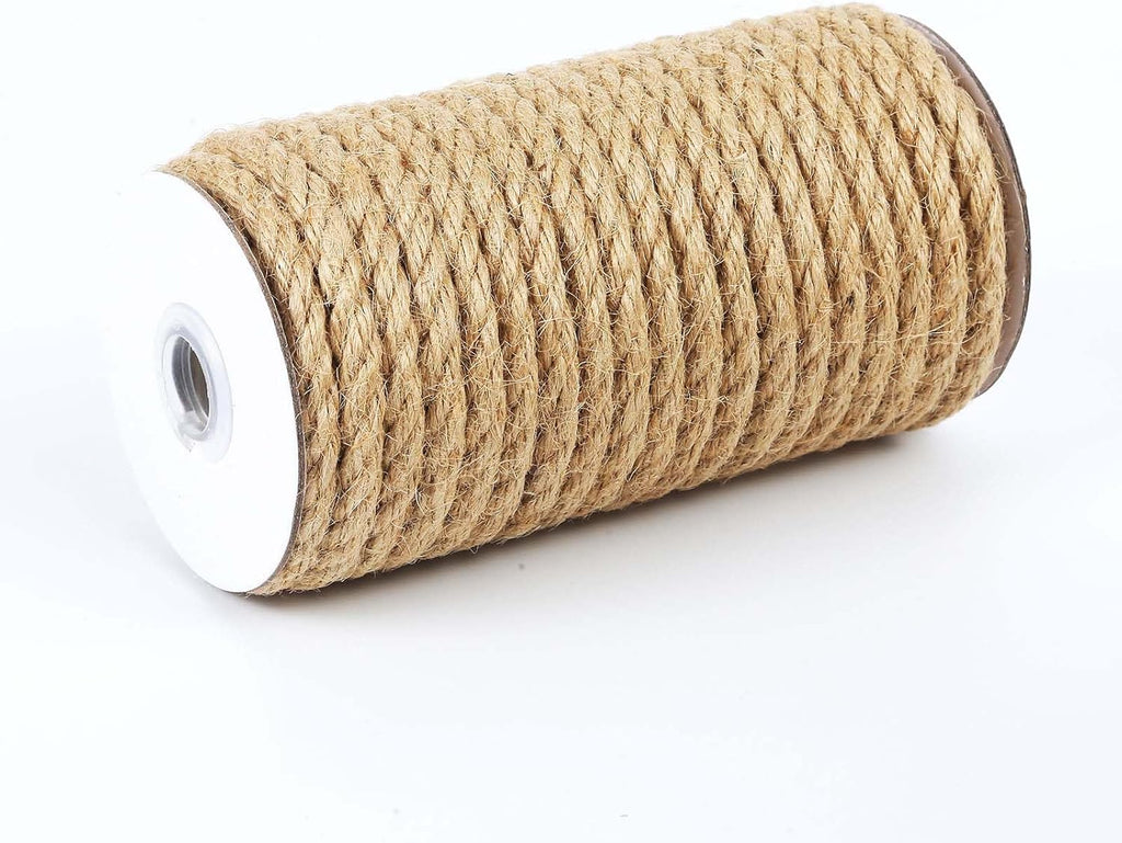 Natural Jute Twine, 8MM x 50FT Jute Rope Roll, Heavy Duty Thick Twine for Cat Scratching Post, Bundling, Gardening and DIY Crafts
