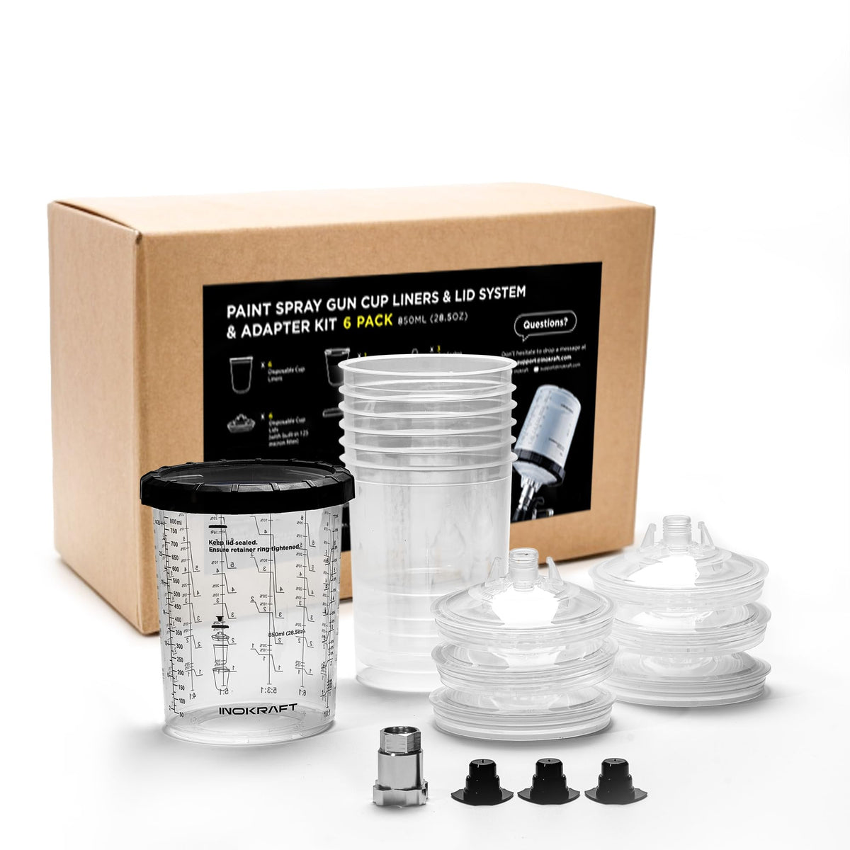 InoKraft Disposable Paint Spray Gun Cup, Paint System for HVLP and LVLP Paint Spray Paint Gun, Standard 22 Ounce (650ml) Kit with 45 Cups and Lids System, 1 Hard Cup with Retainer Ring and 20 Plugs