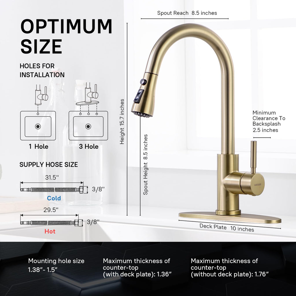 WEWE High-Arc Pull-Down Kitchen Faucet, Brushed Nickel, 3-Mode Sprayer