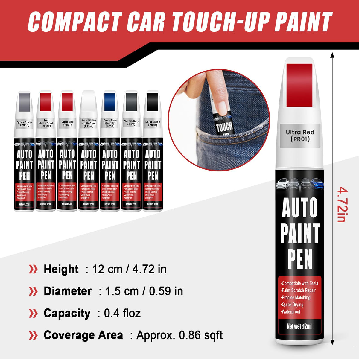 Touch Up Paint for Cars (Pearl White Multi-Coat PPSW), Compatible with Tesla Model Y/3/X/S, 0.4 fl oz Color Accurate 2-in-1 Car Paint Scratch Repair Pen, Easy to Use, Fast-Drying, Long-Lasting