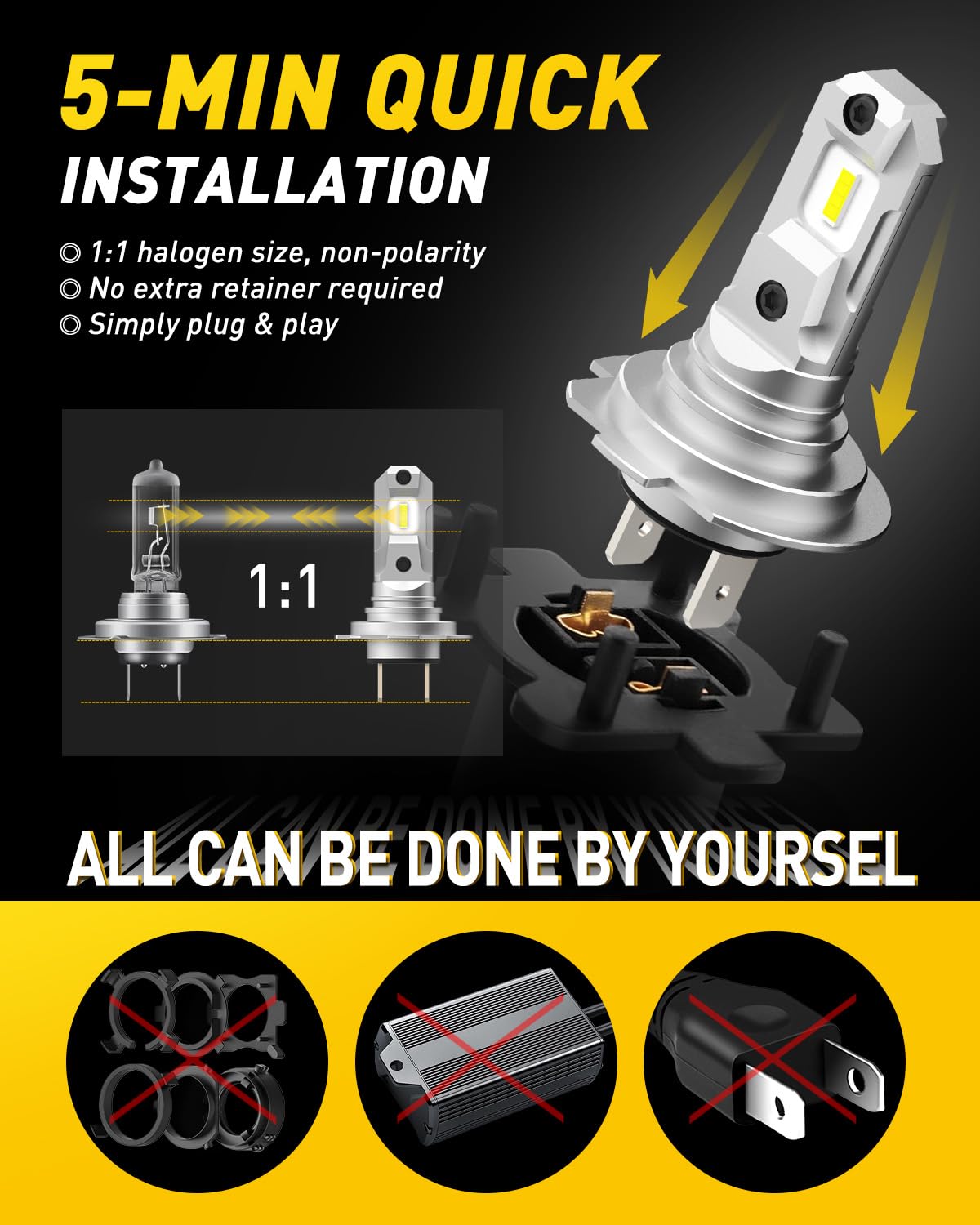AUXITO H11 H8 H9 LED Bulbs, 80000LM 15X Brighter, 5-Min Plug and Play, 6500K Daylight, 60000H Lifespan, Error-Free, Pack of 2