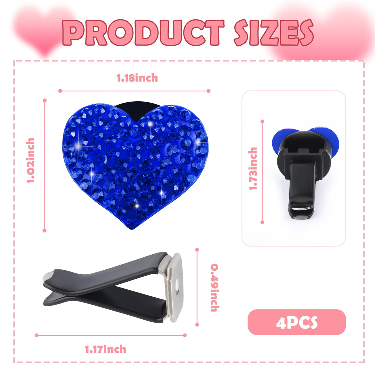 4PCS Heart-Shaped Car Vent Clips with Rhinestone,Bling Air Vent Clips Car Decorations,Premium Shiny Car Clips for Vents CCar Accessories Interior for Cars,Trucks,SUVs (Pink)