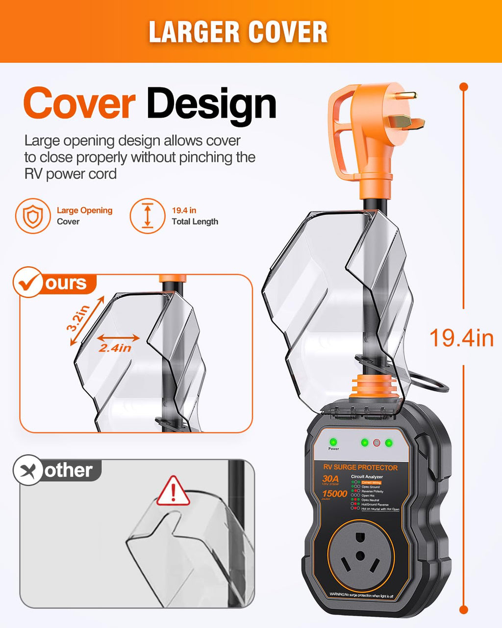 GEARGO RV Surge Protectors 30 Amp RV Circuit Analyzer, [𝟐𝟎𝟐𝟔 𝐍𝐞𝐰 𝐔𝐩𝐠𝐫𝐚𝐝𝐞𝐝 & 𝐆𝐞𝐧𝟐] Full Protection, RV Adapter Plug for Camper(Orange)