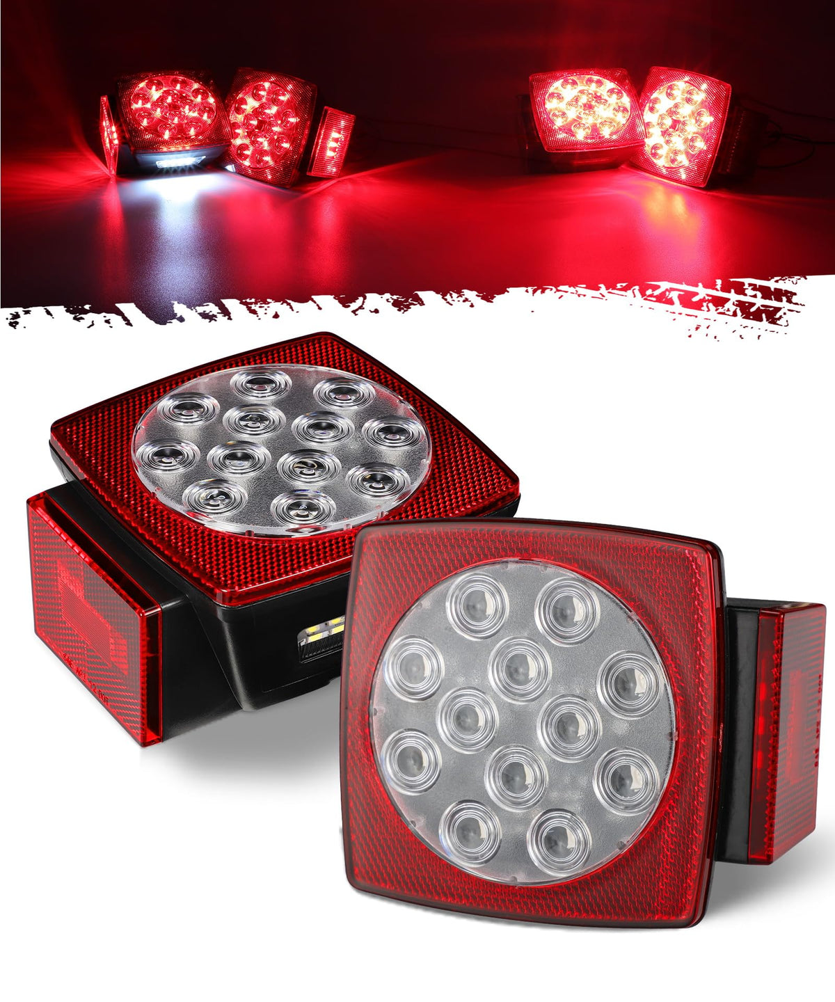 Partsam 12V Submersible Square Led Trailer Light,Red White LED Stop Turn Tail License Brake Running Light Lamp for Trailers Under 80" Boat Trailer Truck Marine Camper RV Snowmobile,IP68,DOT Compliant