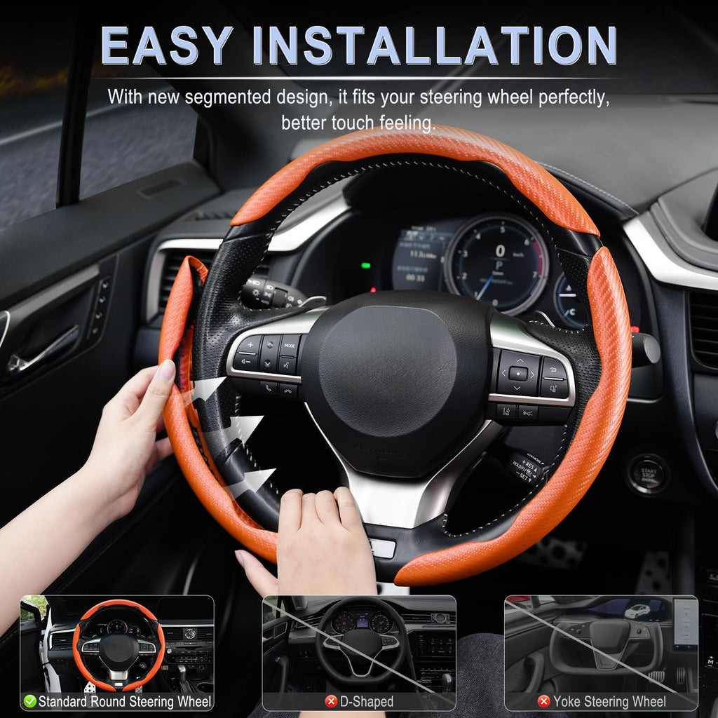 3pcs Carbon Fiber Anti-Skid Steering Wheel Cover, Waterproof & Segmented Butterfly Design, Universal 99% Vehicle Wheel Cover Protector, Car Interior Accessories (Black-3pcs)