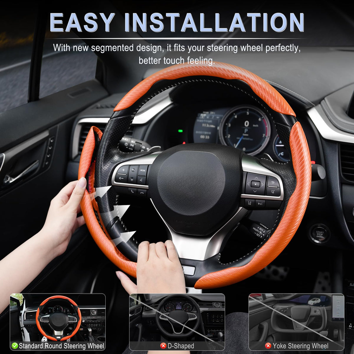 3pcs Carbon Fiber Anti-Skid Steering Wheel Cover, Waterproof & Segmented Butterfly Design, Universal 99% Vehicle Wheel Cover Protector, Car Interior Accessories (Black-3pcs)