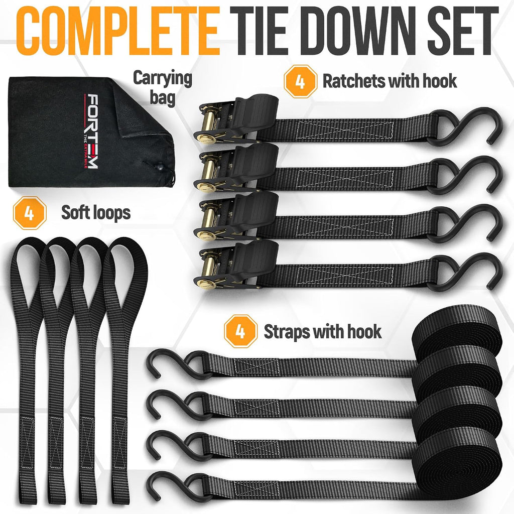 FORTEM Ratchet Straps - Tie Down Strap Set, 4 Pack, 1650lb Break Strength