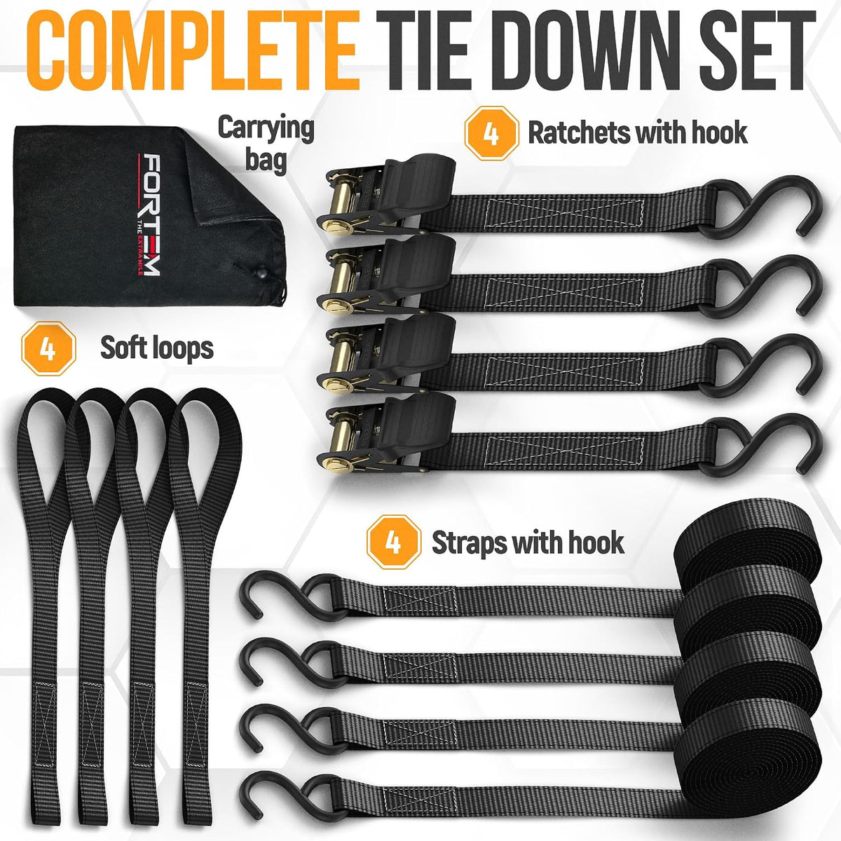 FORTEM Ratchet Straps - Tie Down Strap Set, 4 Pack, 1650lb Break Strength
