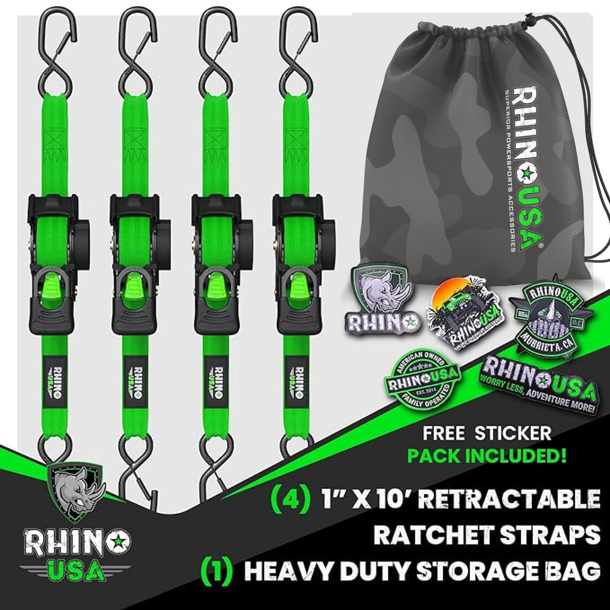 Rhino USA Retractable Ratchet Straps (4-Pack) - 1in x 10ft, Black