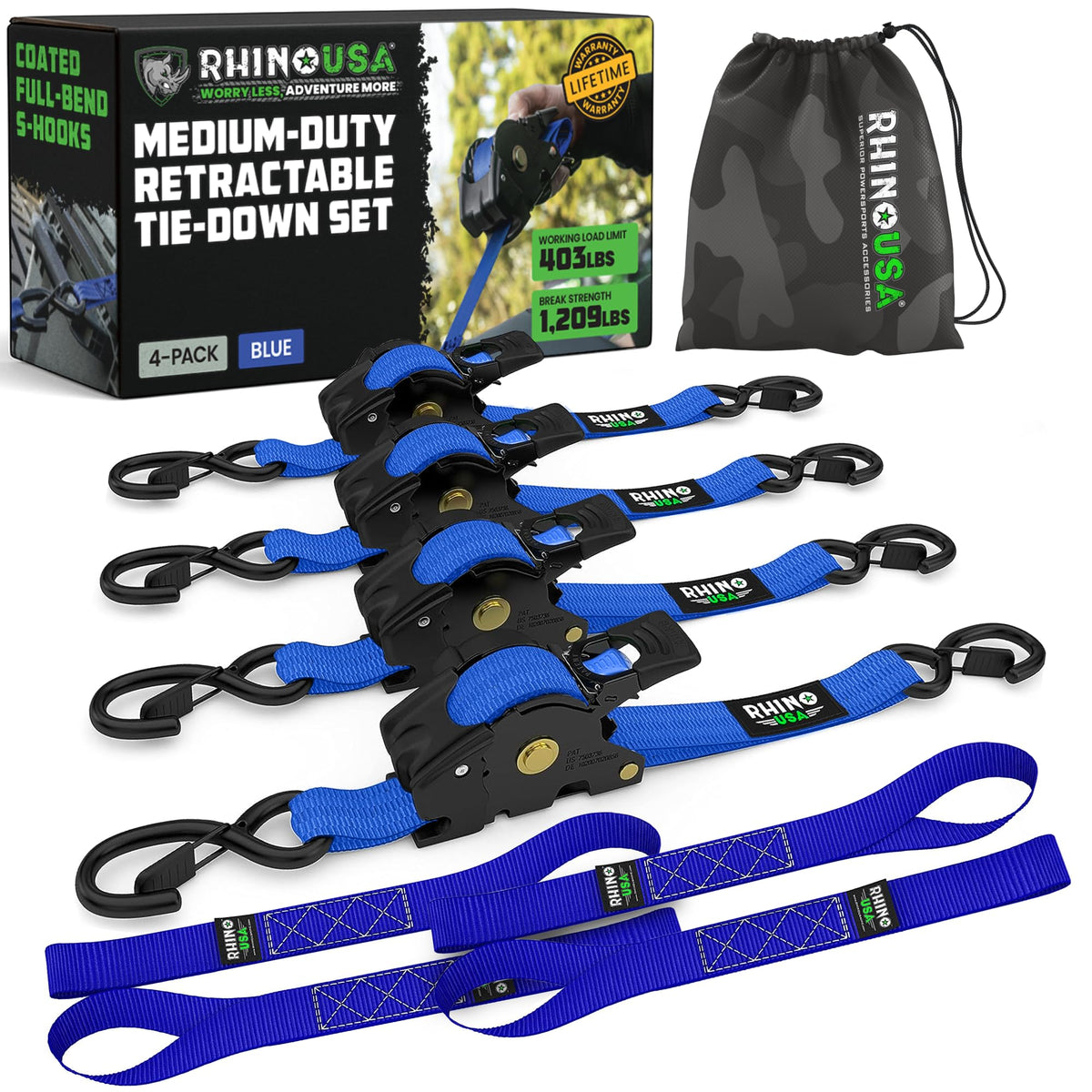 Rhino USA Retractable Ratchet Straps (4-Pack) - 1in x 10ft, Black