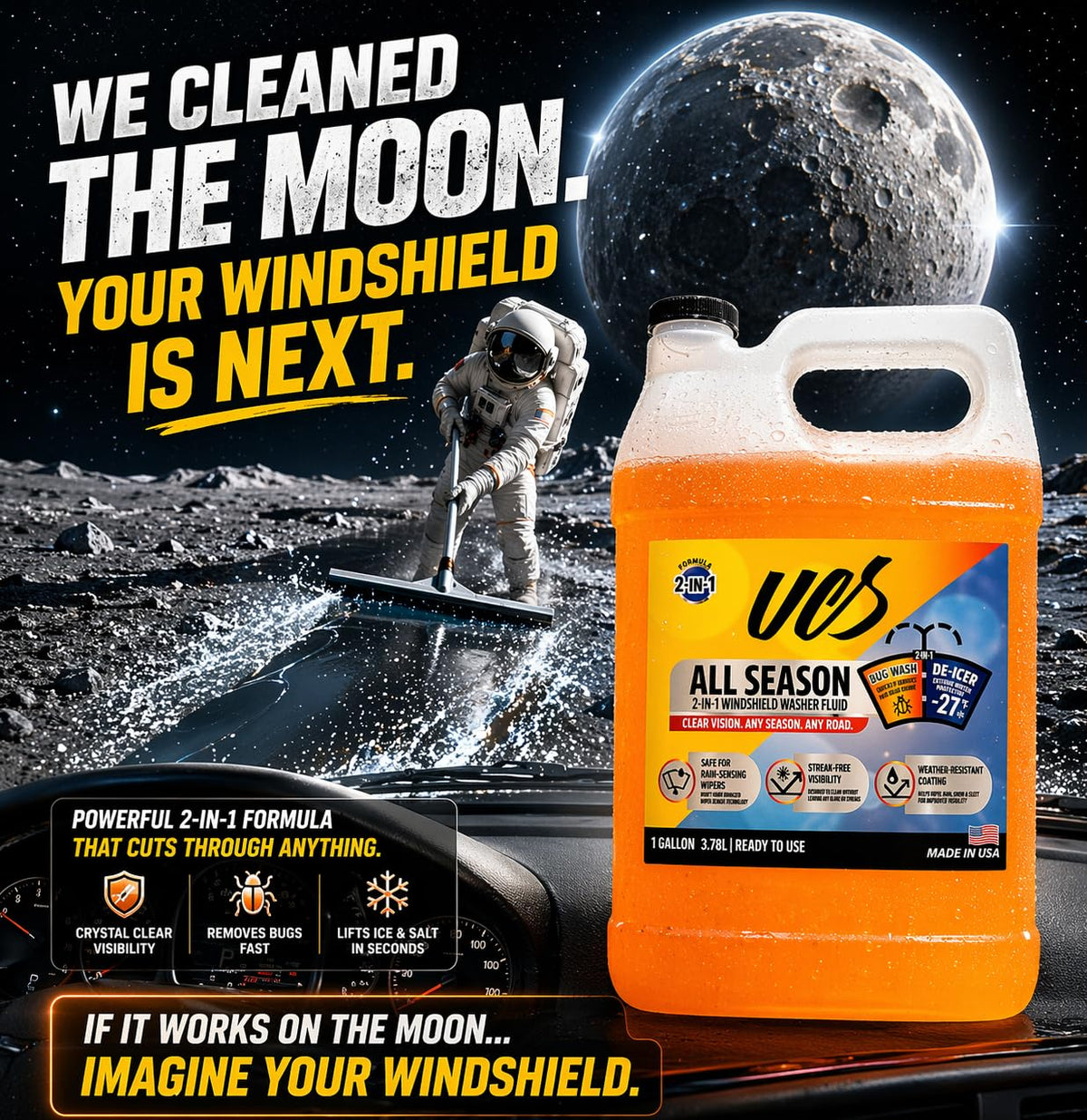 UCS Windshield Washer Fluid 2-in-1 Bug Remover, 1 Gallon (128 fl oz) | Ready-to-Use Formula Removes Bugs, Dirt & Road Grime for Clear, Streak-Free Glass – Methanol-Free