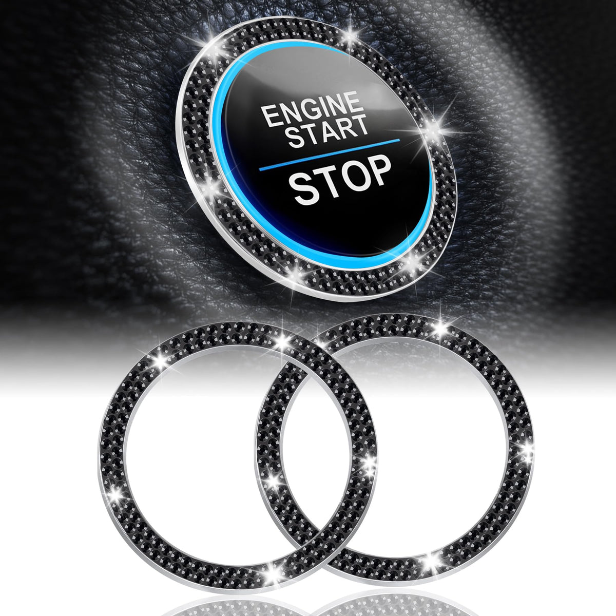 LivTee 2 PCS Crystal Double Rhinestone Car Engine Start Stop Decoration Ring, Bling Car Interior Accessories for Women, Push to Start Button Cover Sticker, Automotive Decals, White