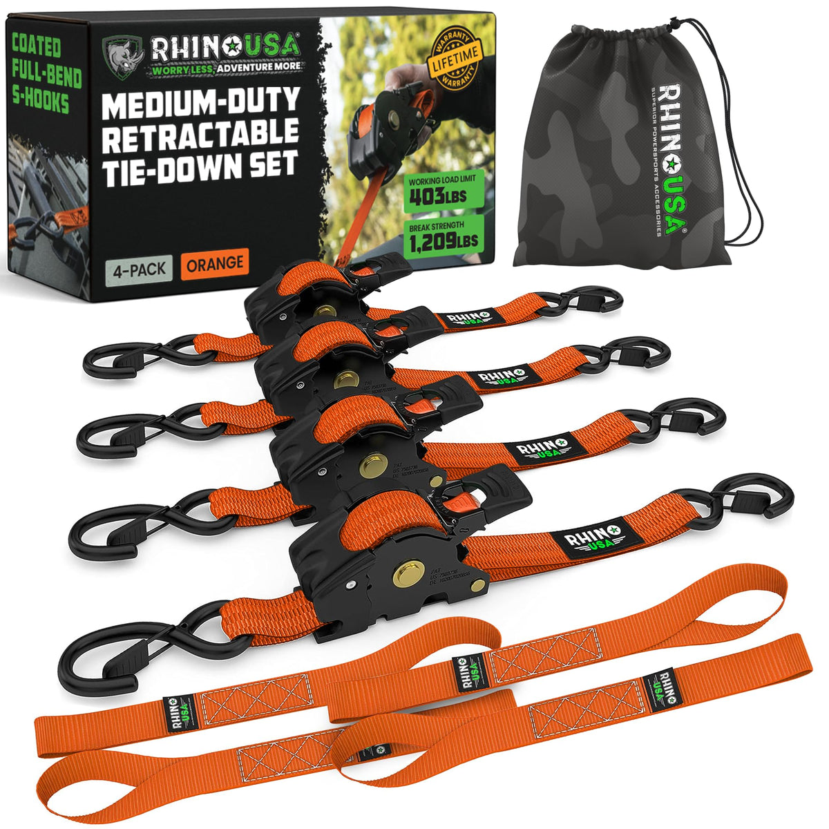 Rhino USA Retractable Ratchet Straps (4-Pack) - 1in x 10ft, Black