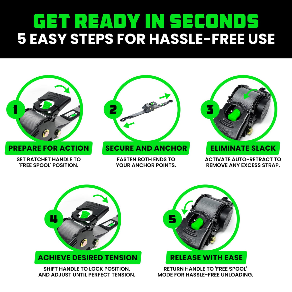 Rhino USA Retractable Ratchet Straps (4-Pack) - 1in x 10ft, Black