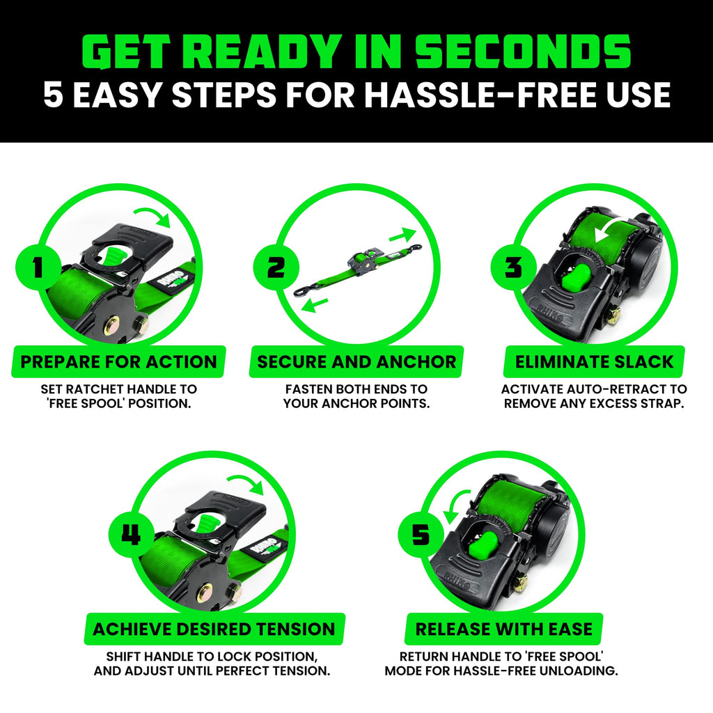 Rhino USA Retractable Ratchet Straps (4-Pack) - 1in x 10ft, Black