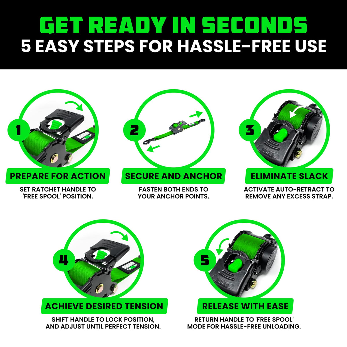 Rhino USA Retractable Ratchet Straps (4-Pack) - 1in x 10ft, Black
