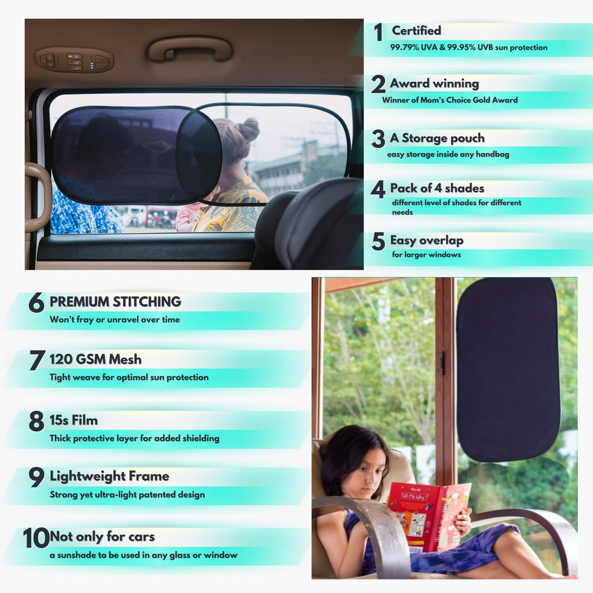 Car Window Shades - Certified 99.79% UVA & 99.95% UVB Sun Protection