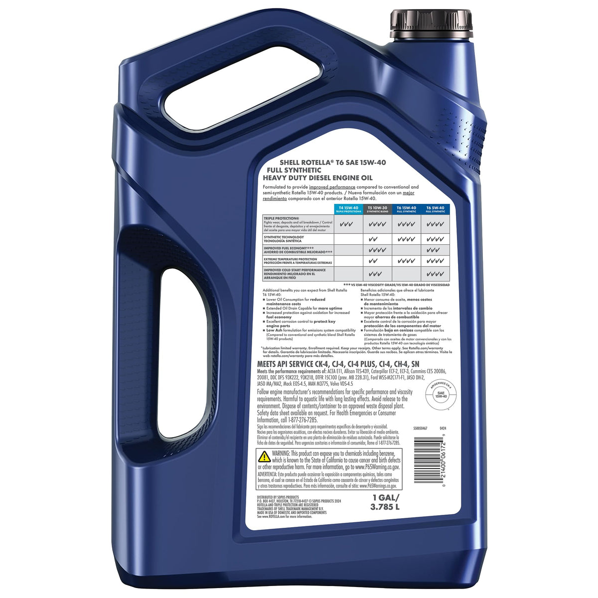 Shell Rotella T6 Full Synthetic 15W-40 Diesel Engine Oil, 1 Gallon (3 Pack)