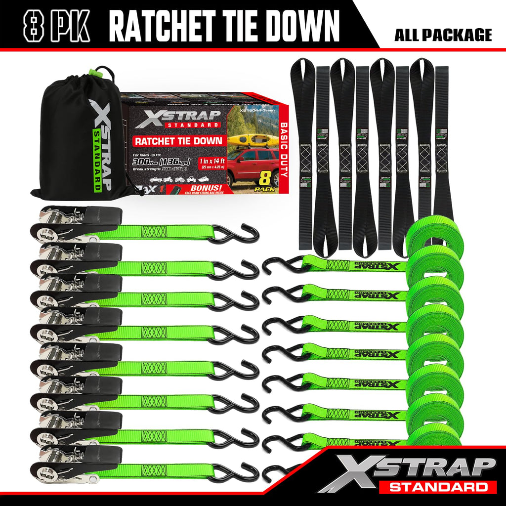 XSTRAP STANDARD 8-PK Ratchet Tie Down Straps, 1" x 10FT Cargo Straps, Black