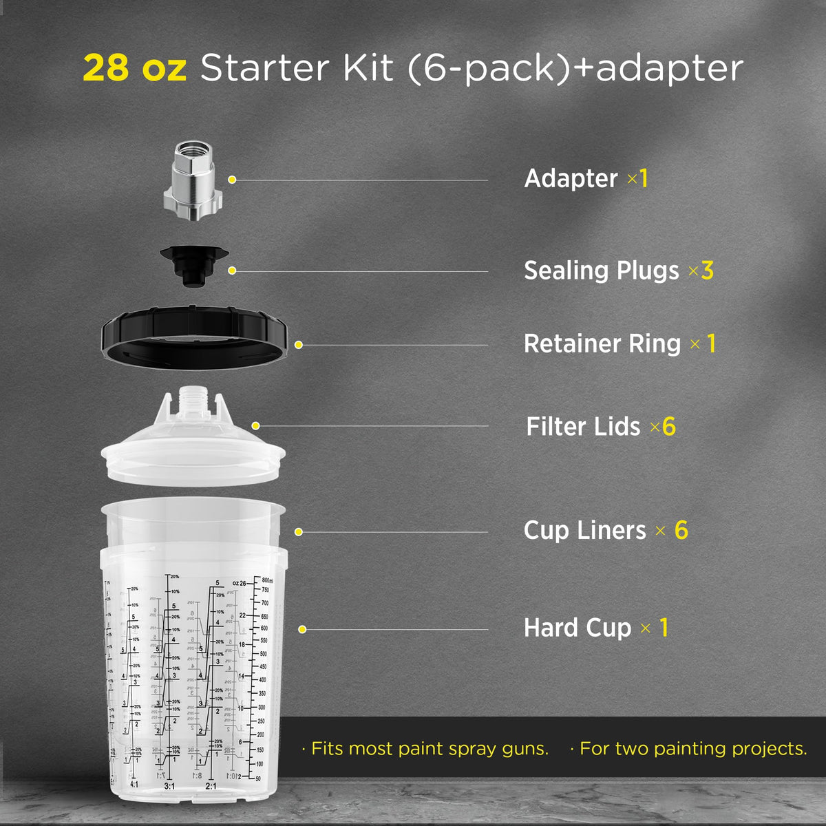 InoKraft Disposable Paint Spray Gun Cup, Paint System for HVLP and LVLP Paint Spray Paint Gun, Standard 22 Ounce (650ml) Kit with 45 Cups and Lids System, 1 Hard Cup with Retainer Ring and 20 Plugs