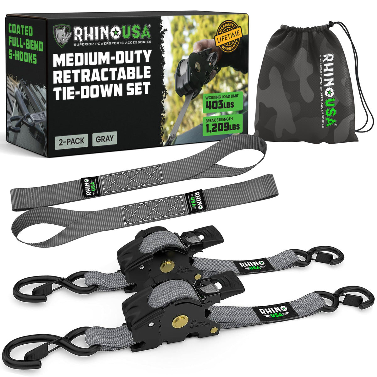Rhino USA Retractable Ratchet Straps (4-Pack) - 1in x 10ft, Black