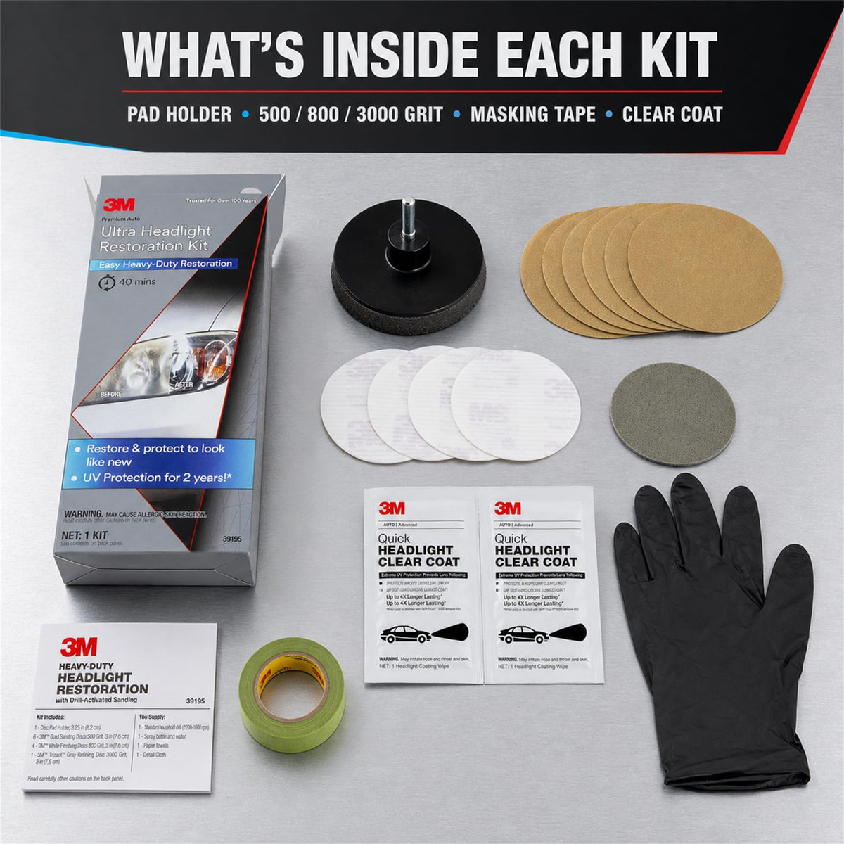 3M Ultra Headlight Restoration Kit, Contains Masking Tape, Light Sanding Discs, Wax Protectant and More, Use on Plastic Lenses Headlights, Taillights and More, Easy Heavy-Duty Restoration (39195)