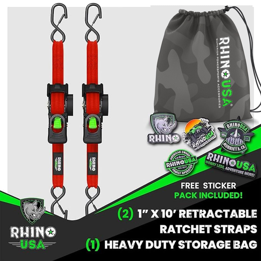 Rhino USA Retractable Ratchet Straps (4-Pack) - 1in x 10ft, Black