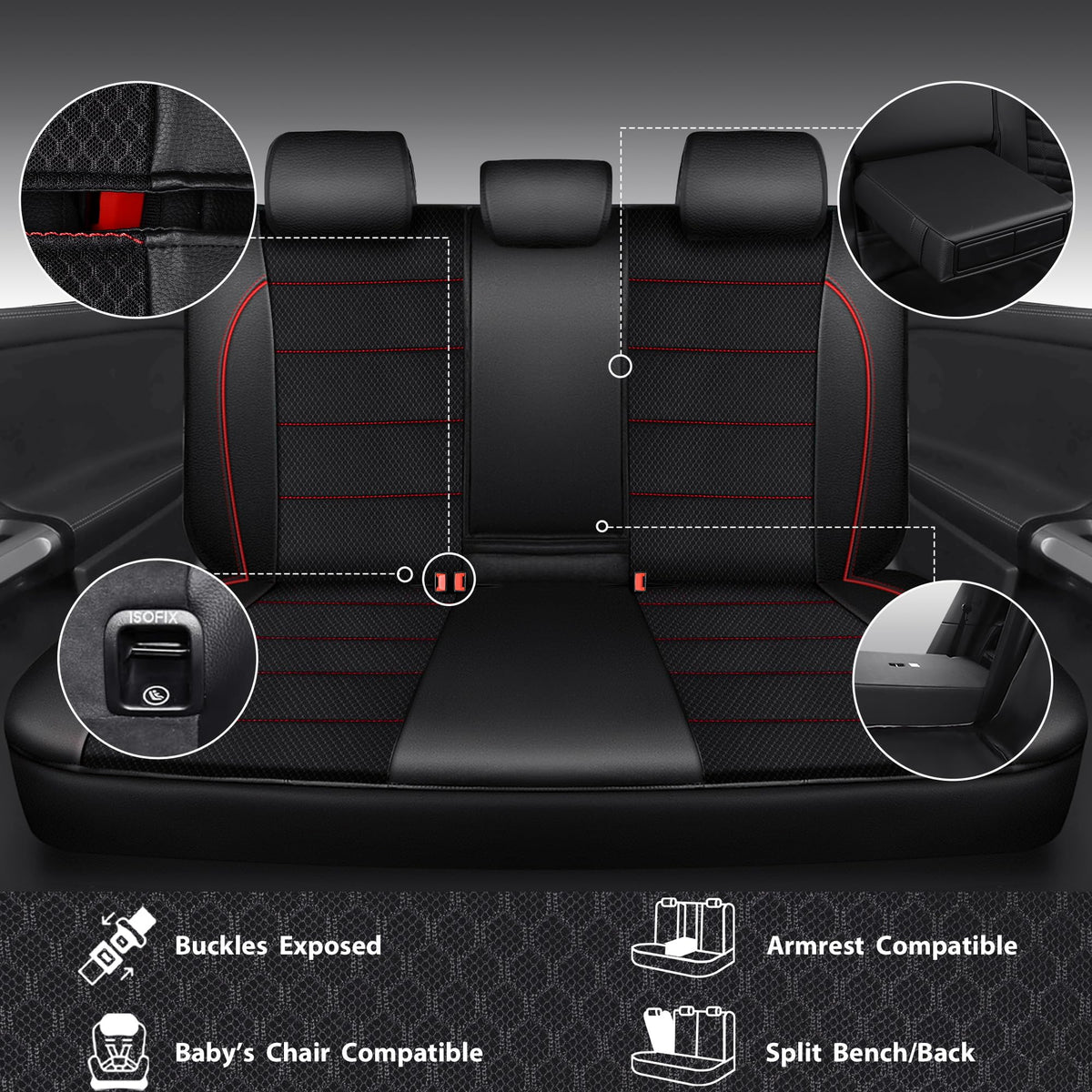 CAR PASS Universal FIT Piping Leather Two Front Seat Covers, Waterproof Faux Leather for SUV Sedan Van Truck, Airbag Compatible,Reserved Opening Holes for Headrest Covers. (Black red)