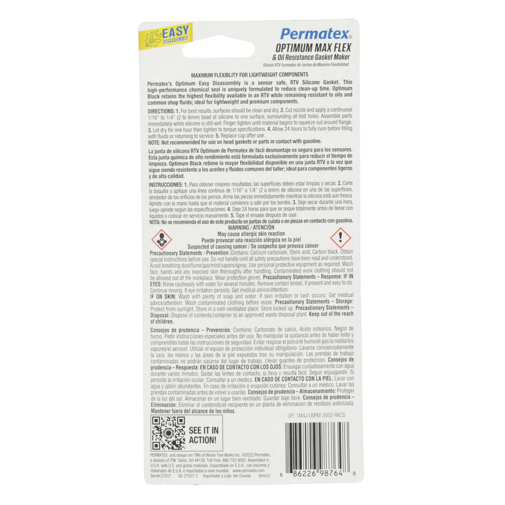 Permatex 82180 Ultra Black Maximum Oil Resistance RTV Silicone Gasket Maker, Sensor Safe and Non-Corrosive, for High Flex and Oil Resistant Applications 3 oz